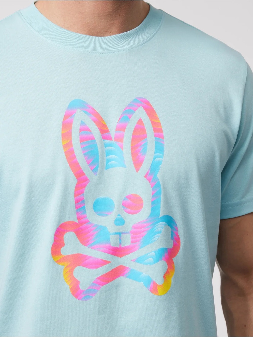 Psycho Bunny Light Blue Tee with Pink & Blue Bunny Skull Graphic